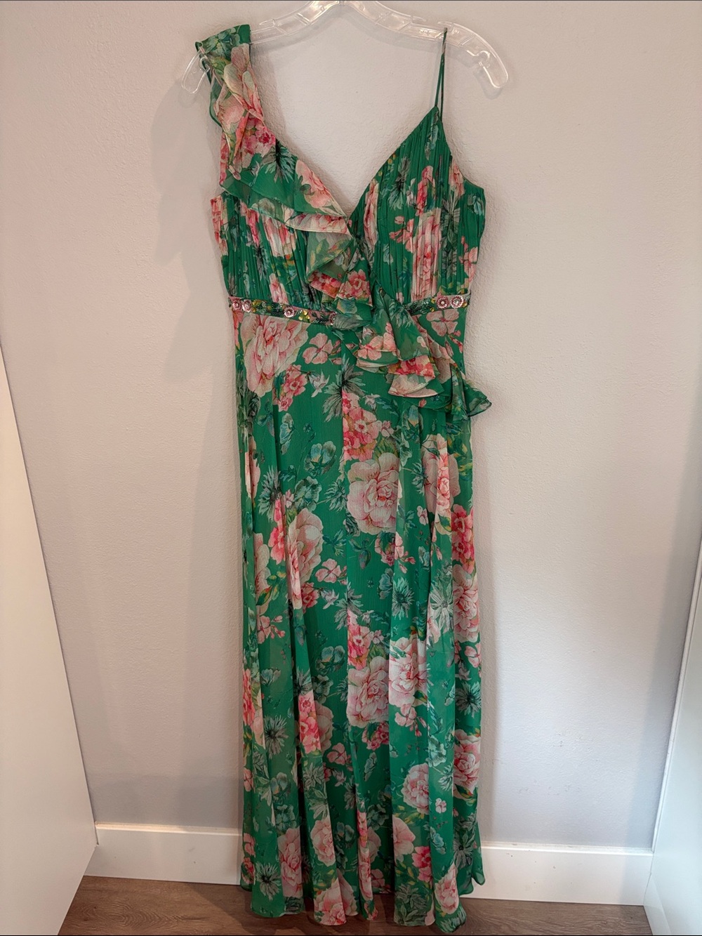 Mac Duggal Green Floral One-Shoulder Maxi Dress with Pink Roses